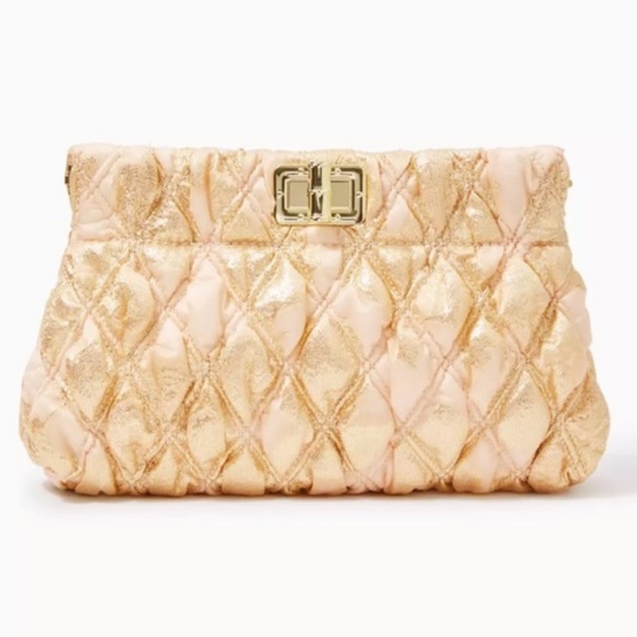 Lilly Pulitzer NEW  CHANCEY  Gold and Cream Quilted Clutch WITH CHAIN